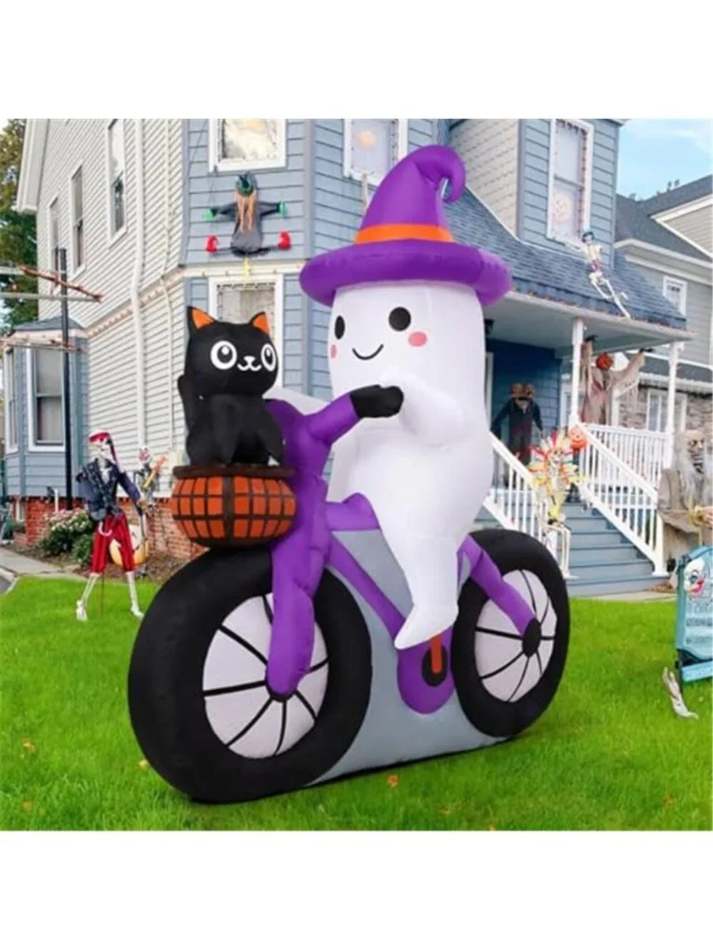 5 FT Halloween Inflatable Ghost Cycling with Cat Blow Up with Built-in LEDs